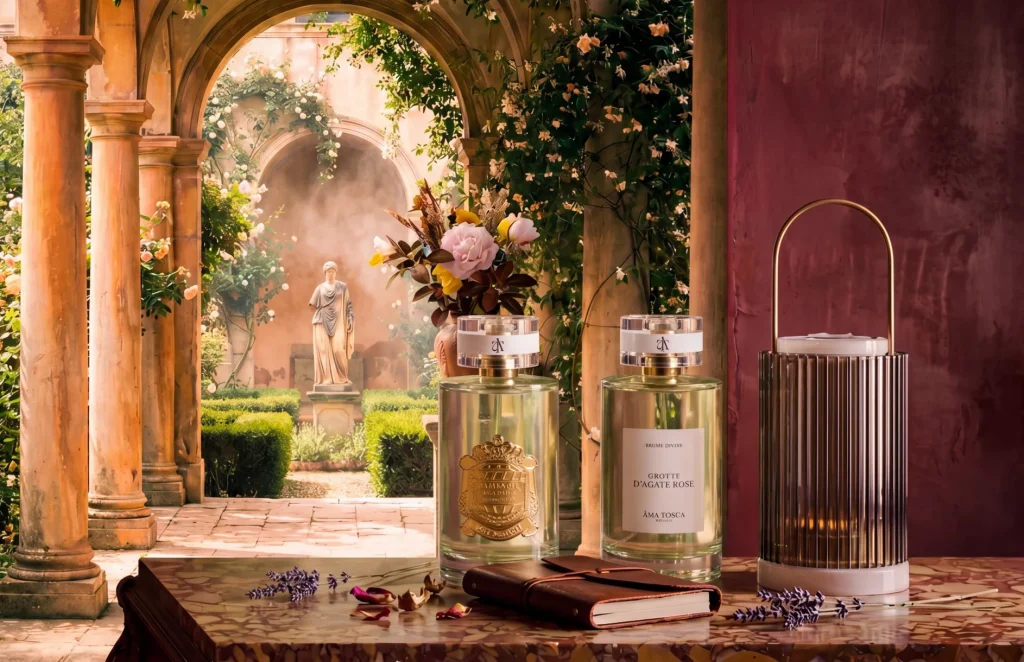 Deux flacons de brume d'intérieur divine et diffuseurs de parfum Âma Tosca dont la "Grotte d'Agate Rose", posés sur un marbre dans un décor de villa italienne avec colonnes, jardin fleuri et statue antique
